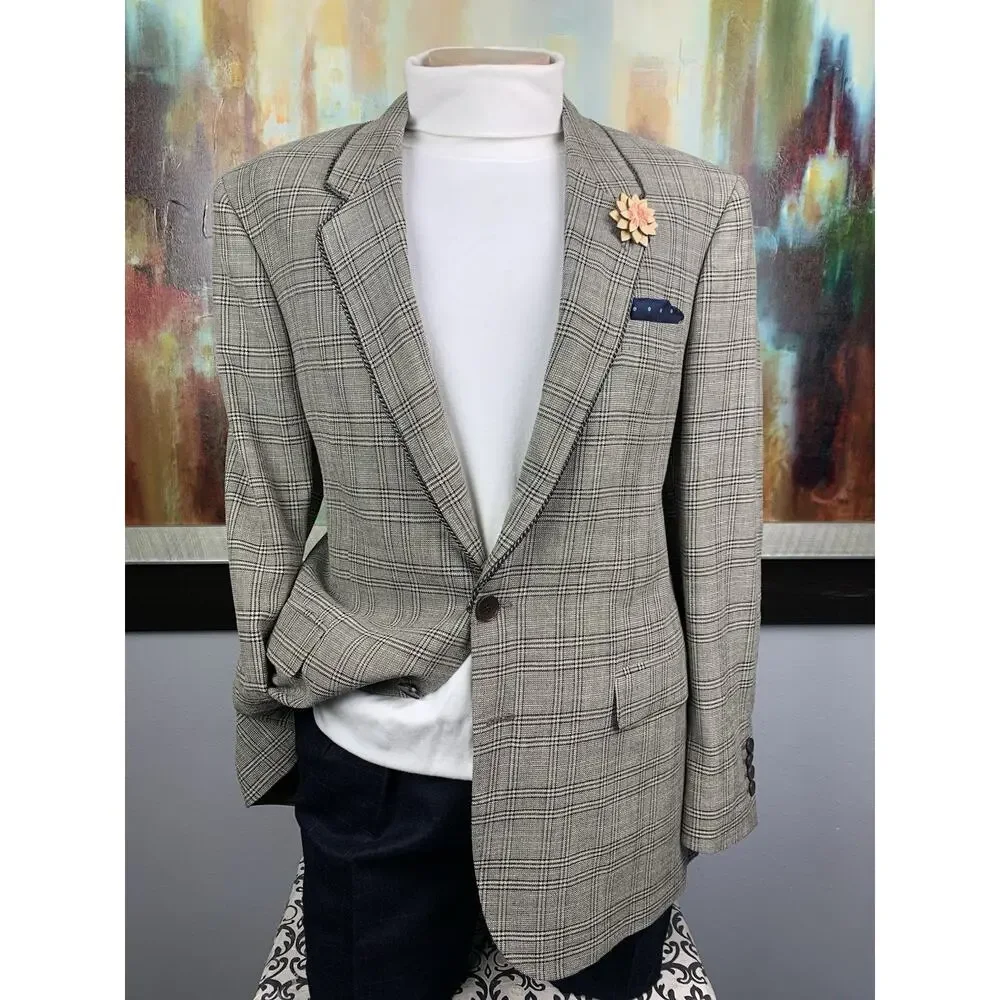 Etro Blazer 42R 52IT Beige Plaid Paisley Linen Wool Italy Sport Coat Luxury